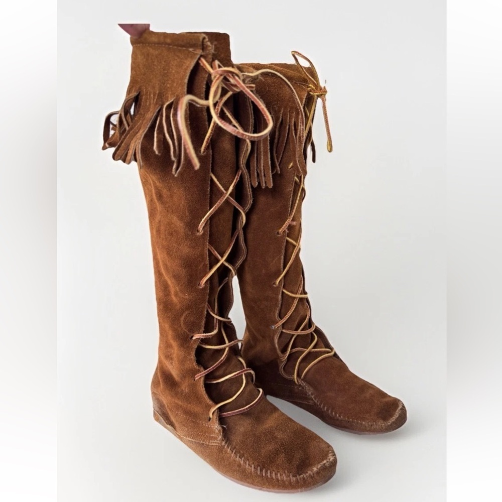 Minnetonka 1422 Boho Suede Lace Up Fringe Moccasin Tall Boots Women’s Size 6